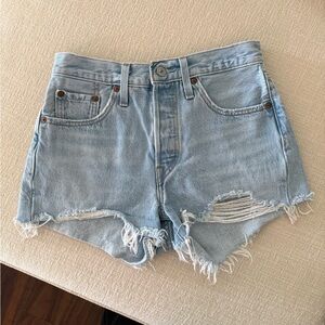 Levi's 501 Light Blue Distressed Denim Shorts